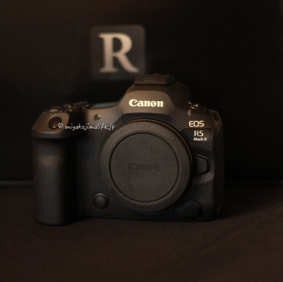 Canon R5 Mark Ⅱと背景に箱のRの文字